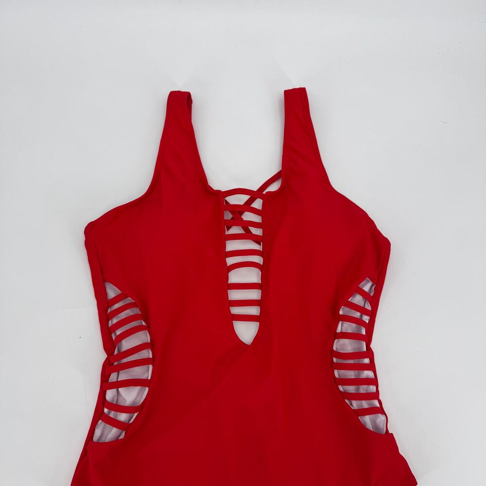 Aqua Eve Womens XL Red Plunge V Neck Sexy Cut Out One Piece Swimsuit NWT - Picture 3 of 7